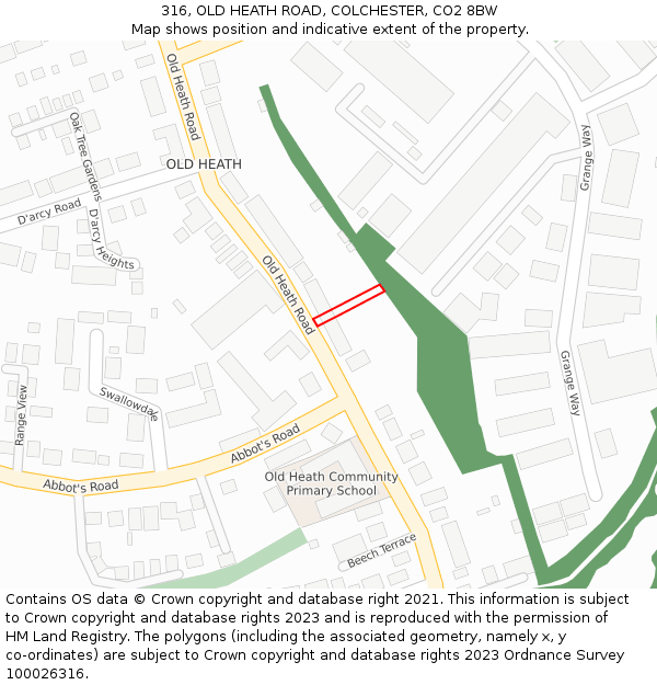 316, OLD HEATH ROAD, COLCHESTER, CO2 8BW: Location map and indicative extent of plot