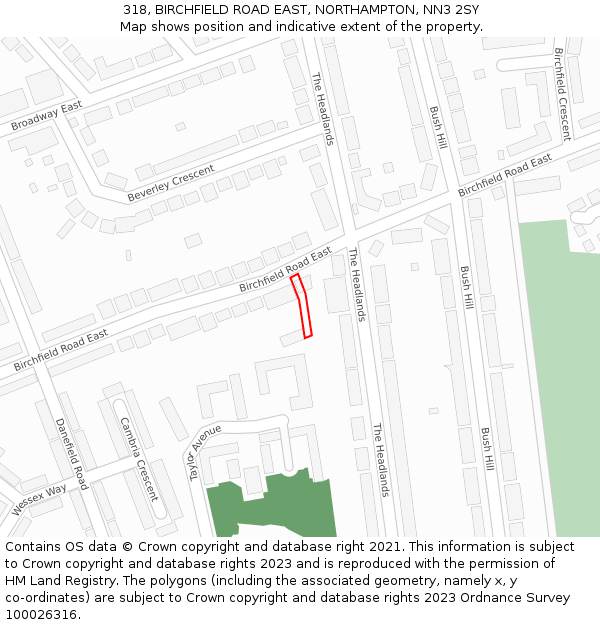 318, BIRCHFIELD ROAD EAST, NORTHAMPTON, NN3 2SY: Location map and indicative extent of plot