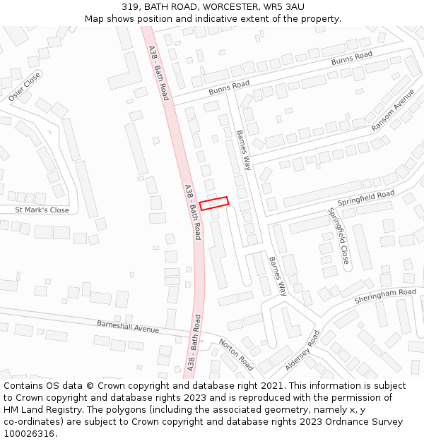 319, BATH ROAD, WORCESTER, WR5 3AU: Location map and indicative extent of plot