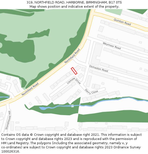 319, NORTHFIELD ROAD, HARBORNE, BIRMINGHAM, B17 0TS: Location map and indicative extent of plot