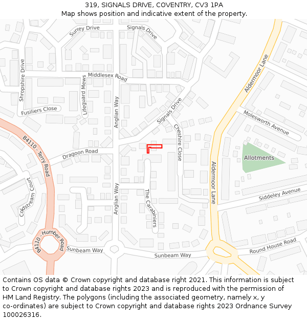 319, SIGNALS DRIVE, COVENTRY, CV3 1PA: Location map and indicative extent of plot