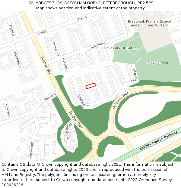 32, ABBOTSBURY, ORTON MALBORNE, PETERBOROUGH, PE2 5PS: Location map and indicative extent of plot
