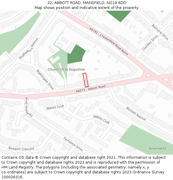 32, ABBOTT ROAD, MANSFIELD, NG19 6DD: Location map and indicative extent of plot