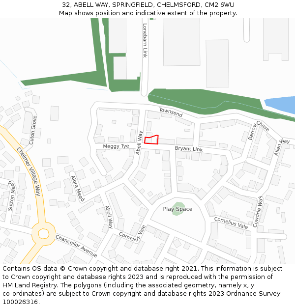 32, ABELL WAY, SPRINGFIELD, CHELMSFORD, CM2 6WU: Location map and indicative extent of plot