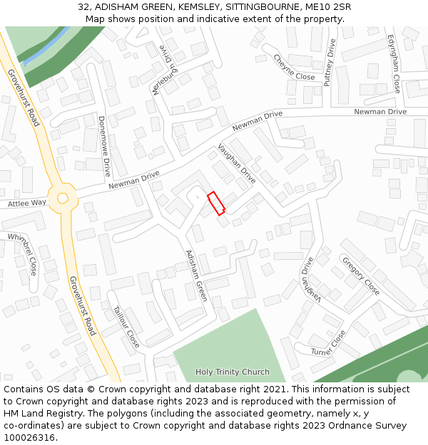 32, ADISHAM GREEN, KEMSLEY, SITTINGBOURNE, ME10 2SR: Location map and indicative extent of plot