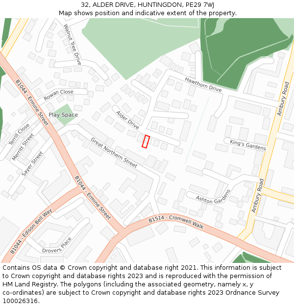 32, ALDER DRIVE, HUNTINGDON, PE29 7WJ: Location map and indicative extent of plot