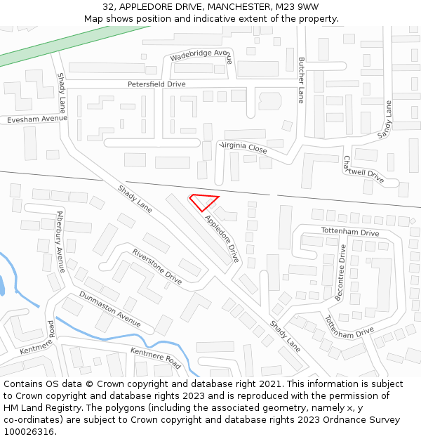 32, APPLEDORE DRIVE, MANCHESTER, M23 9WW: Location map and indicative extent of plot