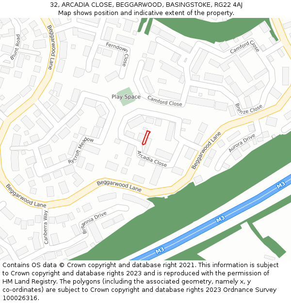 32, ARCADIA CLOSE, BEGGARWOOD, BASINGSTOKE, RG22 4AJ: Location map and indicative extent of plot