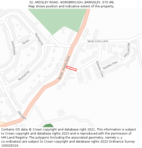 32, ARDSLEY ROAD, WORSBROUGH, BARNSLEY, S70 4RJ: Location map and indicative extent of plot