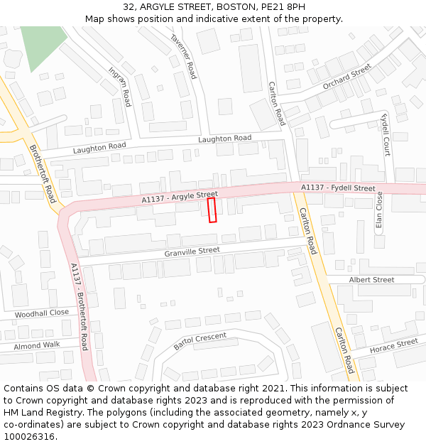 32, ARGYLE STREET, BOSTON, PE21 8PH: Location map and indicative extent of plot