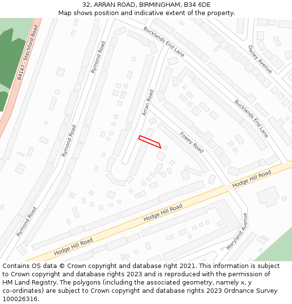 32, ARRAN ROAD, BIRMINGHAM, B34 6DE: Location map and indicative extent of plot