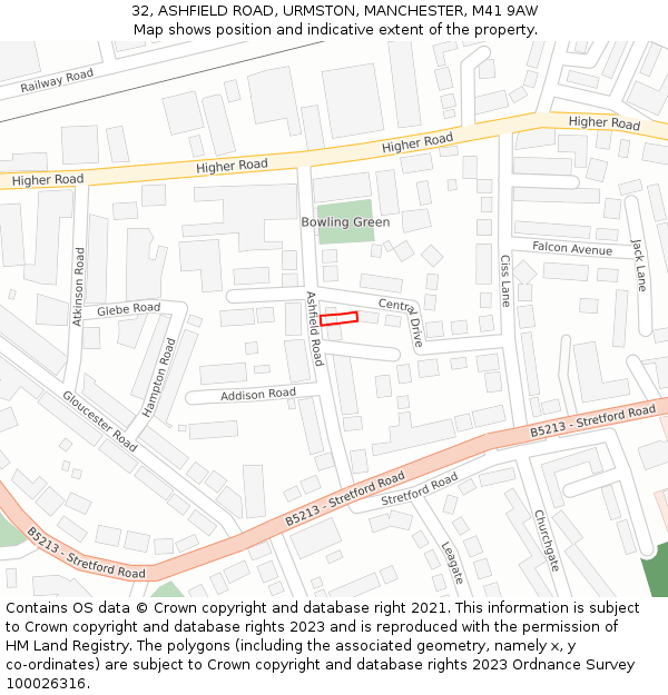 32, ASHFIELD ROAD, URMSTON, MANCHESTER, M41 9AW: Location map and indicative extent of plot