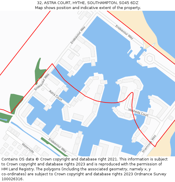 32, ASTRA COURT, HYTHE, SOUTHAMPTON, SO45 6DZ: Location map and indicative extent of plot