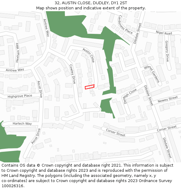 32, AUSTIN CLOSE, DUDLEY, DY1 2ST: Location map and indicative extent of plot