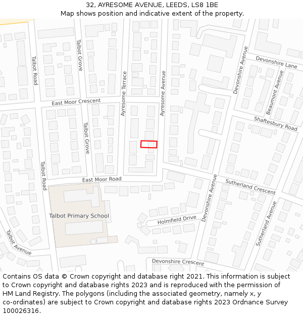 32, AYRESOME AVENUE, LEEDS, LS8 1BE: Location map and indicative extent of plot