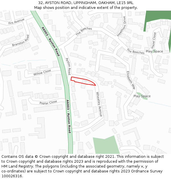 32, AYSTON ROAD, UPPINGHAM, OAKHAM, LE15 9RL: Location map and indicative extent of plot