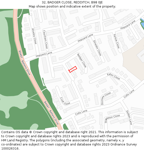32, BADGER CLOSE, REDDITCH, B98 0JE: Location map and indicative extent of plot