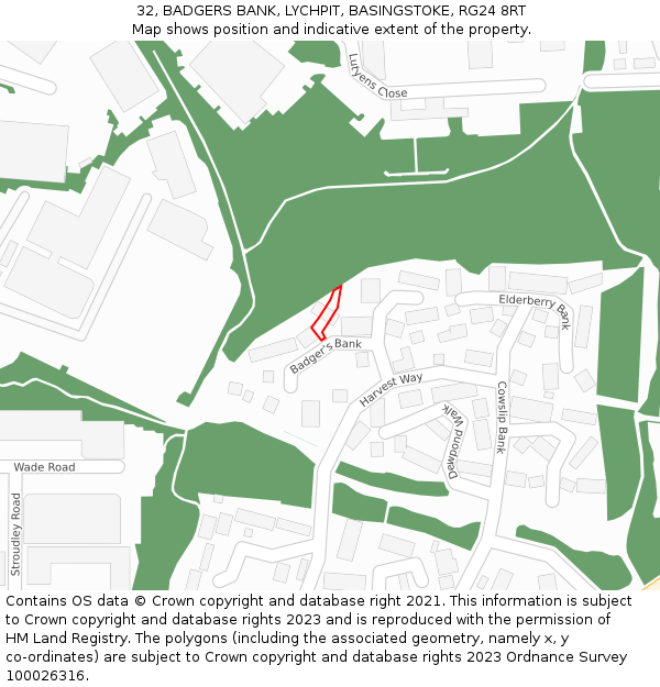 32, BADGERS BANK, LYCHPIT, BASINGSTOKE, RG24 8RT: Location map and indicative extent of plot