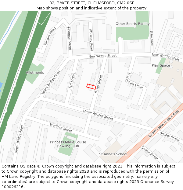 32, BAKER STREET, CHELMSFORD, CM2 0SF: Location map and indicative extent of plot