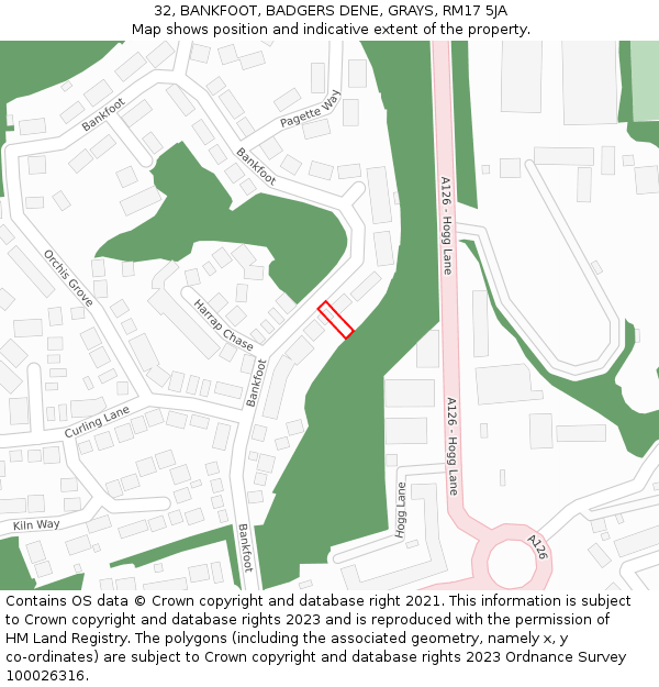 32, BANKFOOT, BADGERS DENE, GRAYS, RM17 5JA: Location map and indicative extent of plot