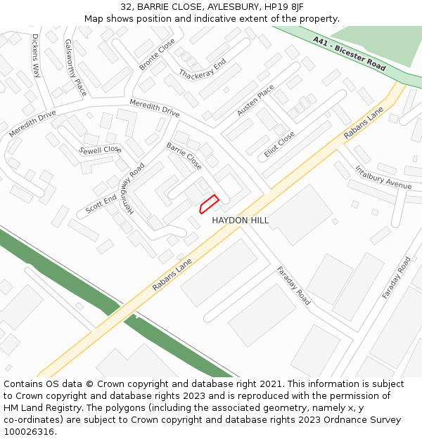 32, BARRIE CLOSE, AYLESBURY, HP19 8JF: Location map and indicative extent of plot