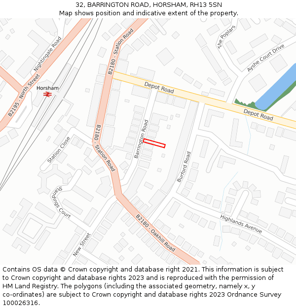 32, BARRINGTON ROAD, HORSHAM, RH13 5SN: Location map and indicative extent of plot