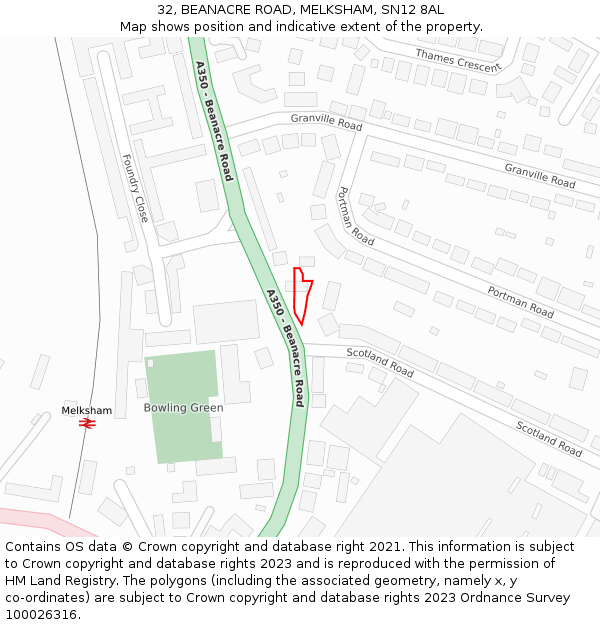 32, BEANACRE ROAD, MELKSHAM, SN12 8AL: Location map and indicative extent of plot