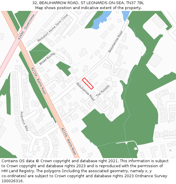 32, BEAUHARROW ROAD, ST LEONARDS-ON-SEA, TN37 7BL: Location map and indicative extent of plot