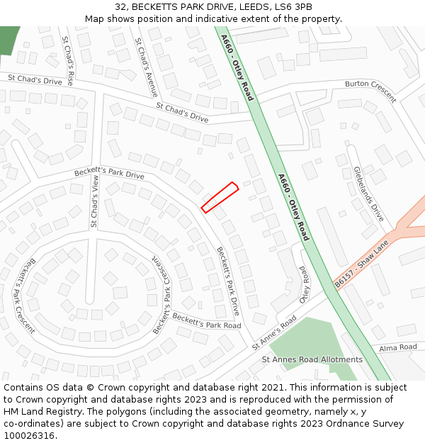 32, BECKETTS PARK DRIVE, LEEDS, LS6 3PB: Location map and indicative extent of plot