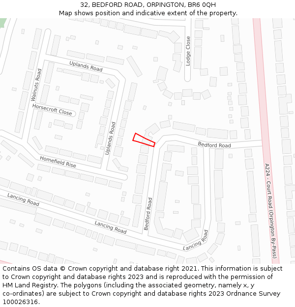 32, BEDFORD ROAD, ORPINGTON, BR6 0QH: Location map and indicative extent of plot