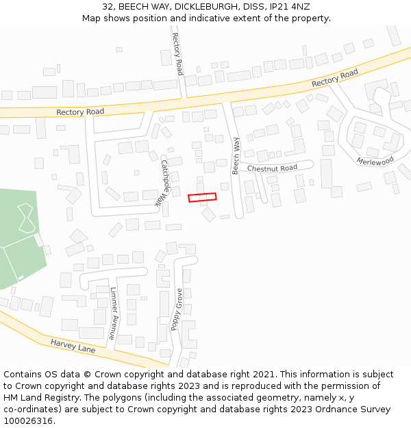 32, BEECH WAY, DICKLEBURGH, DISS, IP21 4NZ: Location map and indicative extent of plot