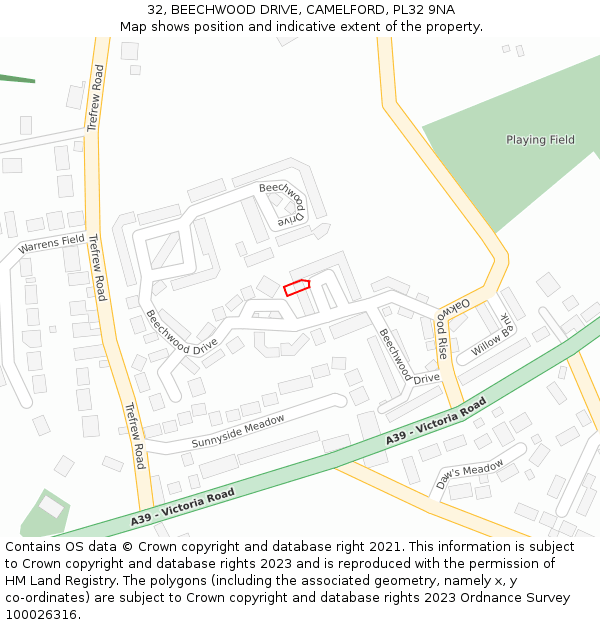 32, BEECHWOOD DRIVE, CAMELFORD, PL32 9NA: Location map and indicative extent of plot