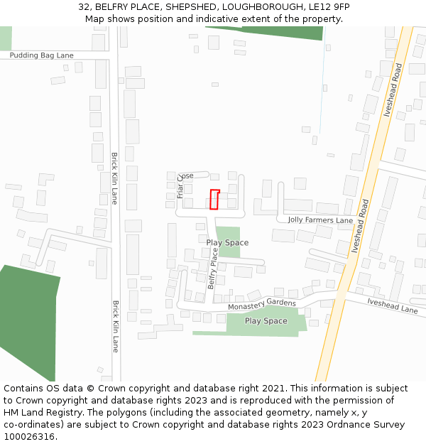 32, BELFRY PLACE, SHEPSHED, LOUGHBOROUGH, LE12 9FP: Location map and indicative extent of plot