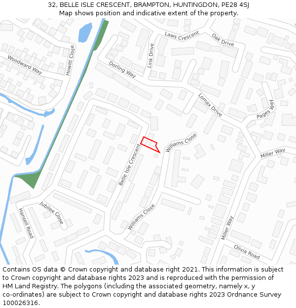 32, BELLE ISLE CRESCENT, BRAMPTON, HUNTINGDON, PE28 4SJ: Location map and indicative extent of plot