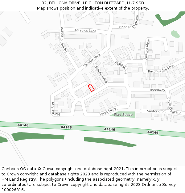 32, BELLONA DRIVE, LEIGHTON BUZZARD, LU7 9SB: Location map and indicative extent of plot