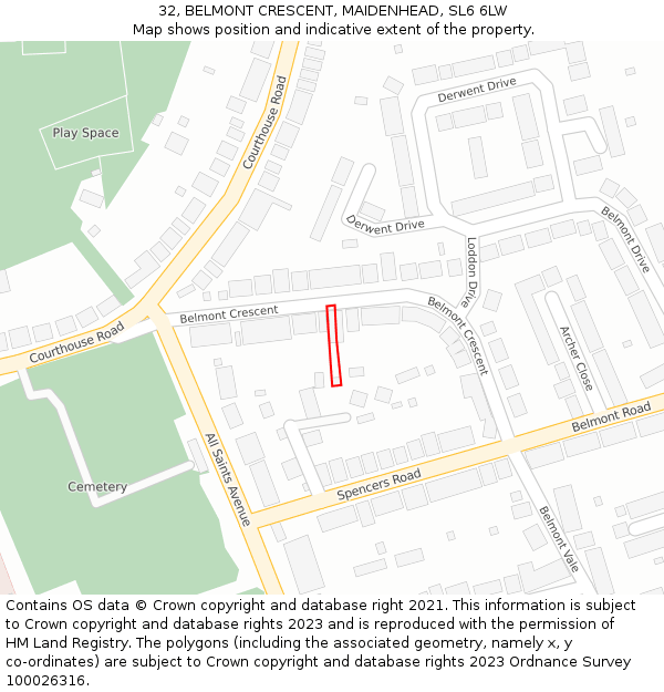 32, BELMONT CRESCENT, MAIDENHEAD, SL6 6LW: Location map and indicative extent of plot