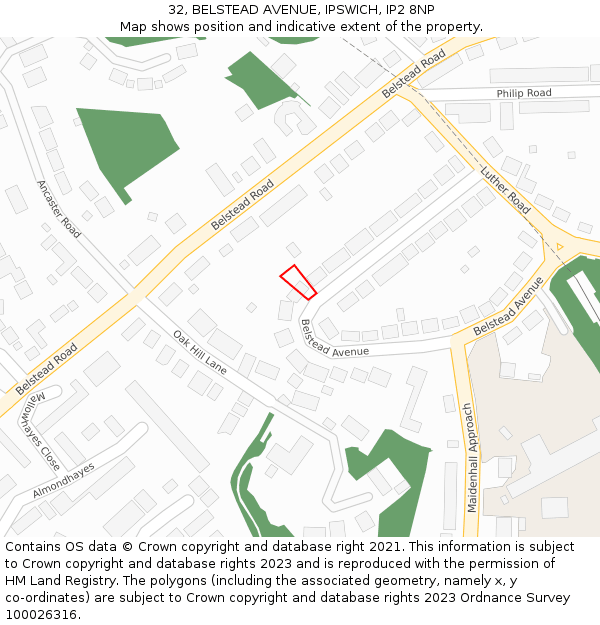32, BELSTEAD AVENUE, IPSWICH, IP2 8NP: Location map and indicative extent of plot