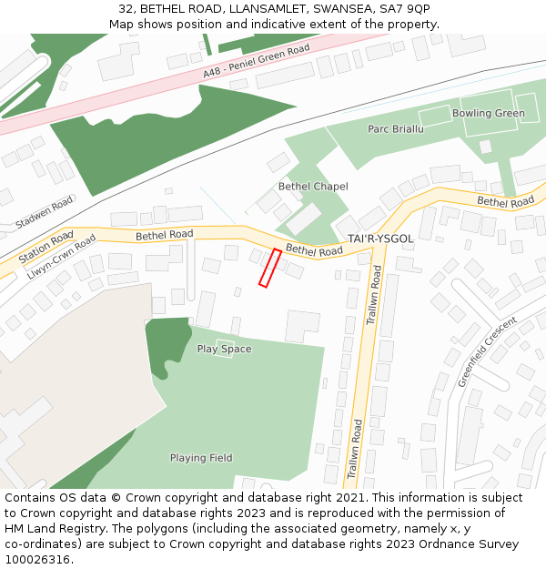 32, BETHEL ROAD, LLANSAMLET, SWANSEA, SA7 9QP: Location map and indicative extent of plot