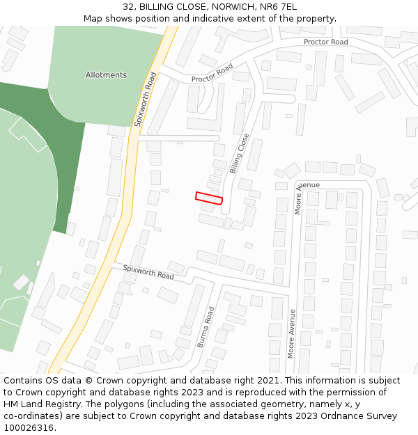 32, BILLING CLOSE, NORWICH, NR6 7EL: Location map and indicative extent of plot