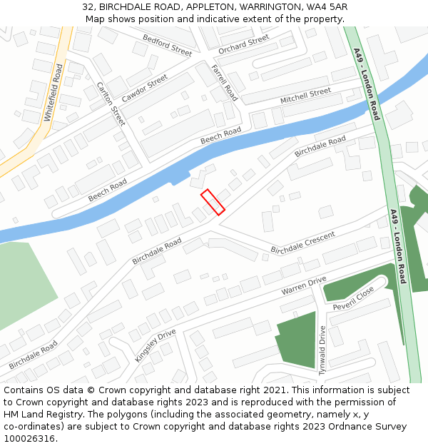 32, BIRCHDALE ROAD, APPLETON, WARRINGTON, WA4 5AR: Location map and indicative extent of plot