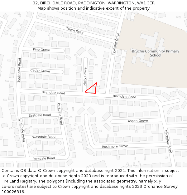 32, BIRCHDALE ROAD, PADDINGTON, WARRINGTON, WA1 3ER: Location map and indicative extent of plot