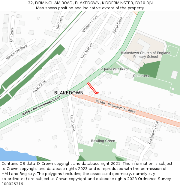 32, BIRMINGHAM ROAD, BLAKEDOWN, KIDDERMINSTER, DY10 3JN: Location map and indicative extent of plot