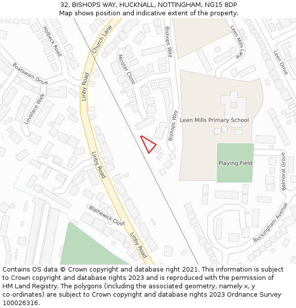 32, BISHOPS WAY, HUCKNALL, NOTTINGHAM, NG15 8DP: Location map and indicative extent of plot