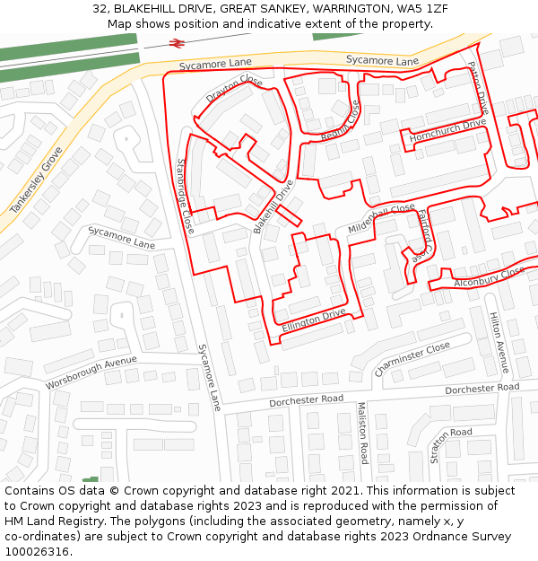 32, BLAKEHILL DRIVE, GREAT SANKEY, WARRINGTON, WA5 1ZF: Location map and indicative extent of plot