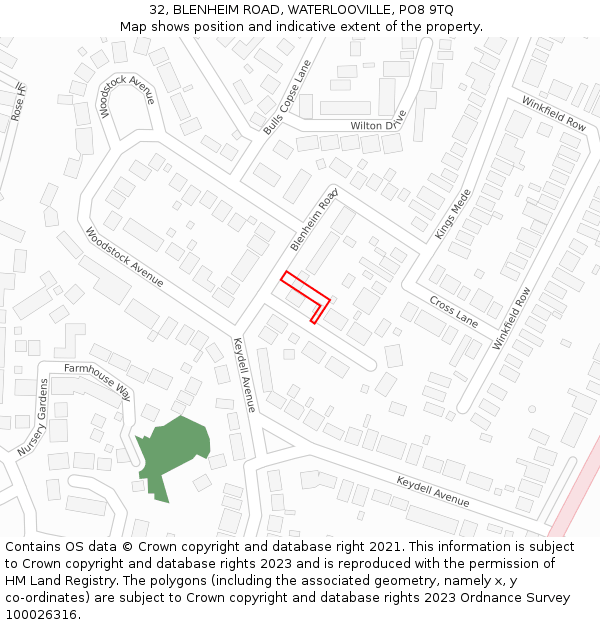 32, BLENHEIM ROAD, WATERLOOVILLE, PO8 9TQ: Location map and indicative extent of plot