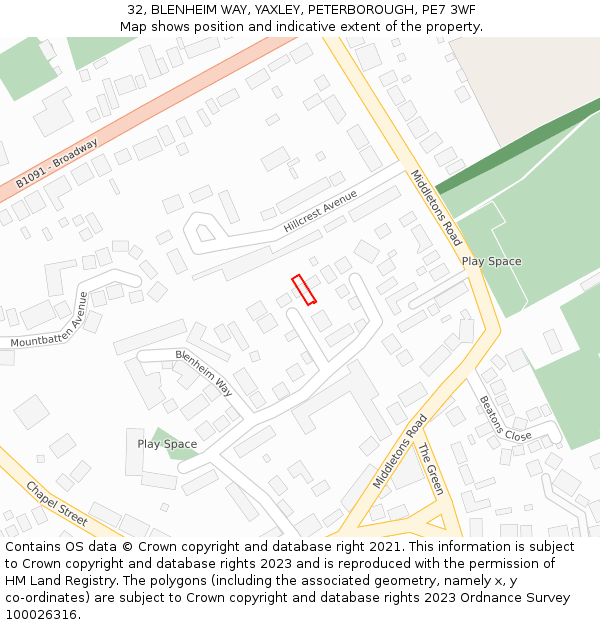 32, BLENHEIM WAY, YAXLEY, PETERBOROUGH, PE7 3WF: Location map and indicative extent of plot