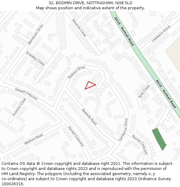 32, BODMIN DRIVE, NOTTINGHAM, NG8 5LG: Location map and indicative extent of plot