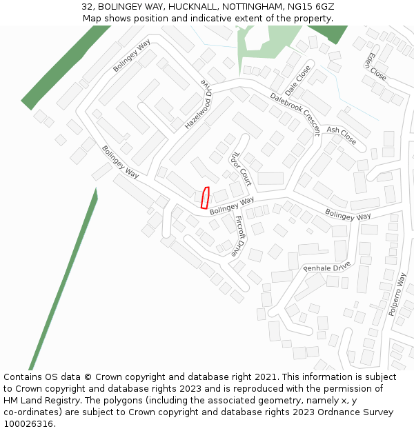 32, BOLINGEY WAY, HUCKNALL, NOTTINGHAM, NG15 6GZ: Location map and indicative extent of plot
