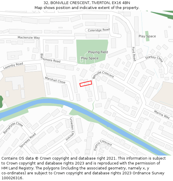 32, BONVILLE CRESCENT, TIVERTON, EX16 4BN: Location map and indicative extent of plot