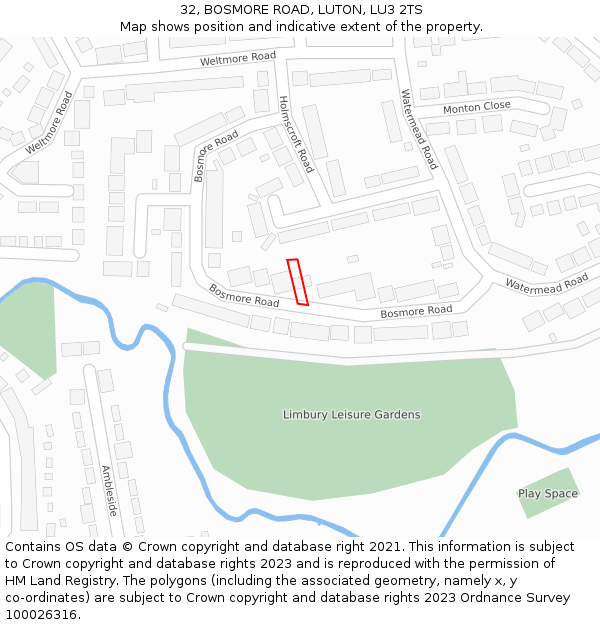 32, BOSMORE ROAD, LUTON, LU3 2TS: Location map and indicative extent of plot